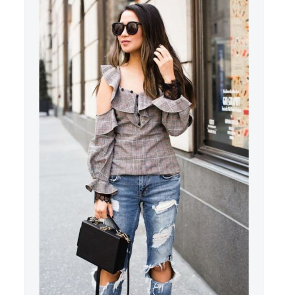 Self-Portrait Plaid Off The Shoulder Top US 8 Ruffle Lace Cuff Statement Sleeve